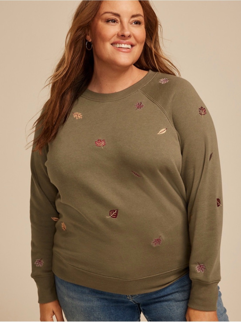 Maurices Olive Crewneck Sweater with Embroidered Leaves